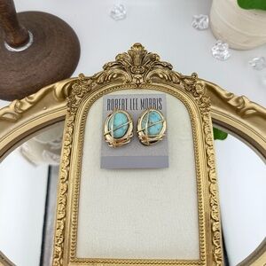 Robert Lee Morris Turquoise Gold Sculptural Clip-On Earrings Vintage Vibe